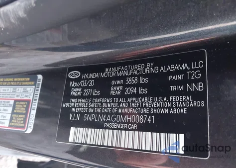 2021 Hyundai Elantra Sel z USA, uszkodzony, nr VIN 5NPLN4AG0MH008741
